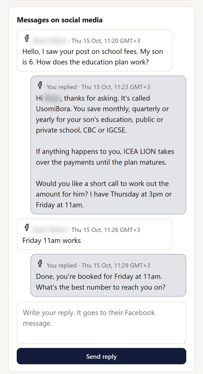 A client card in the CRM showing a Facebook message about the education plan and the AI's reply offering two call times
