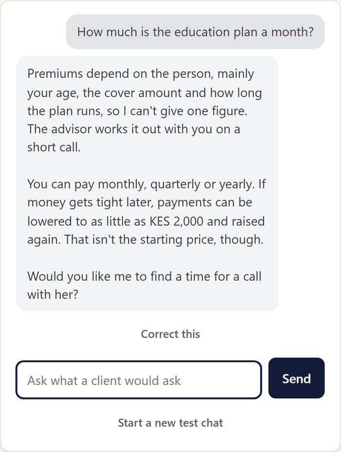 The My AI tab: a test question about the education plan and the AI's answer that premiums depend on the person, with a Correct this button