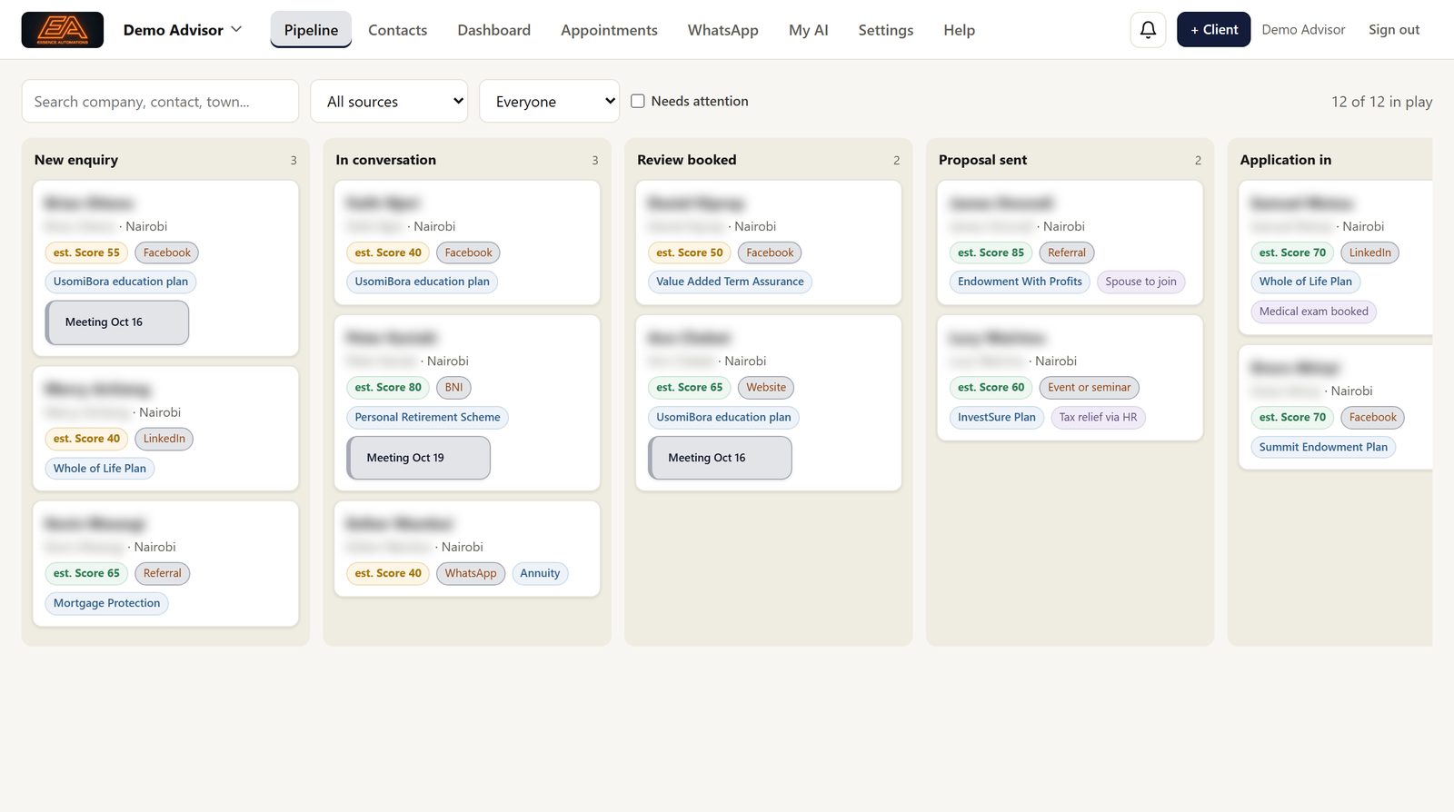 The CRM pipeline for an insurance advisor: New enquiry, In conversation, Review booked, Proposal sent and Application in, with each client's plan and source. Names are blurred