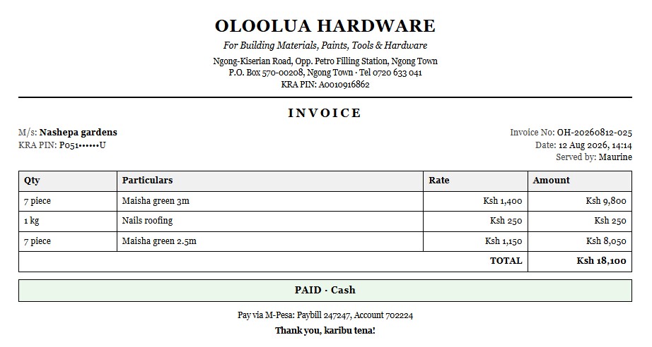 A KRA tax invoice from Hardware Manager, billed to a company with its KRA PIN, itemised with quantities, rates and a total.