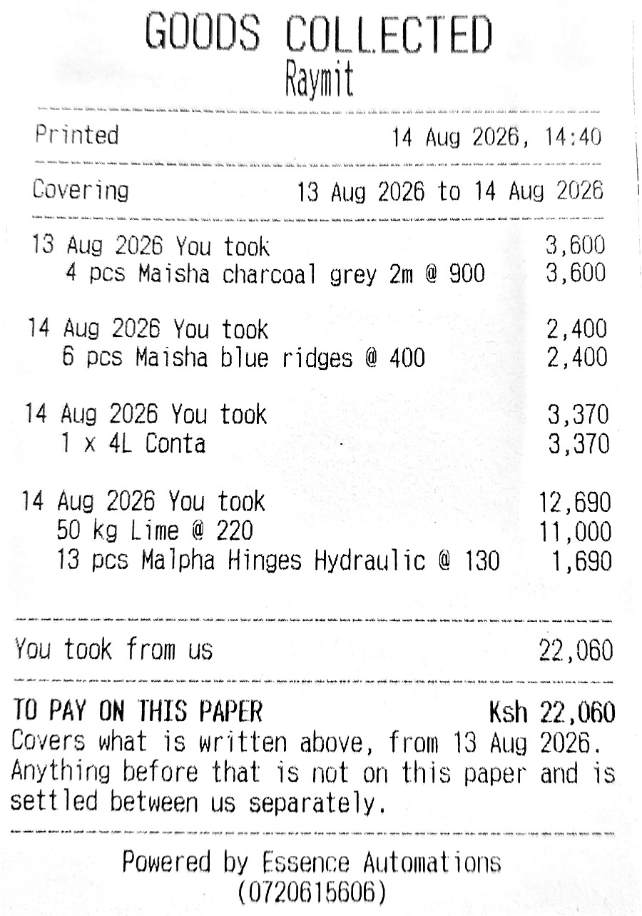 A printed goods-collected statement for a neighbouring hardware: each dated pickup with the items under it, a total of what was taken, and a to-pay figure covering only the dates on the paper.