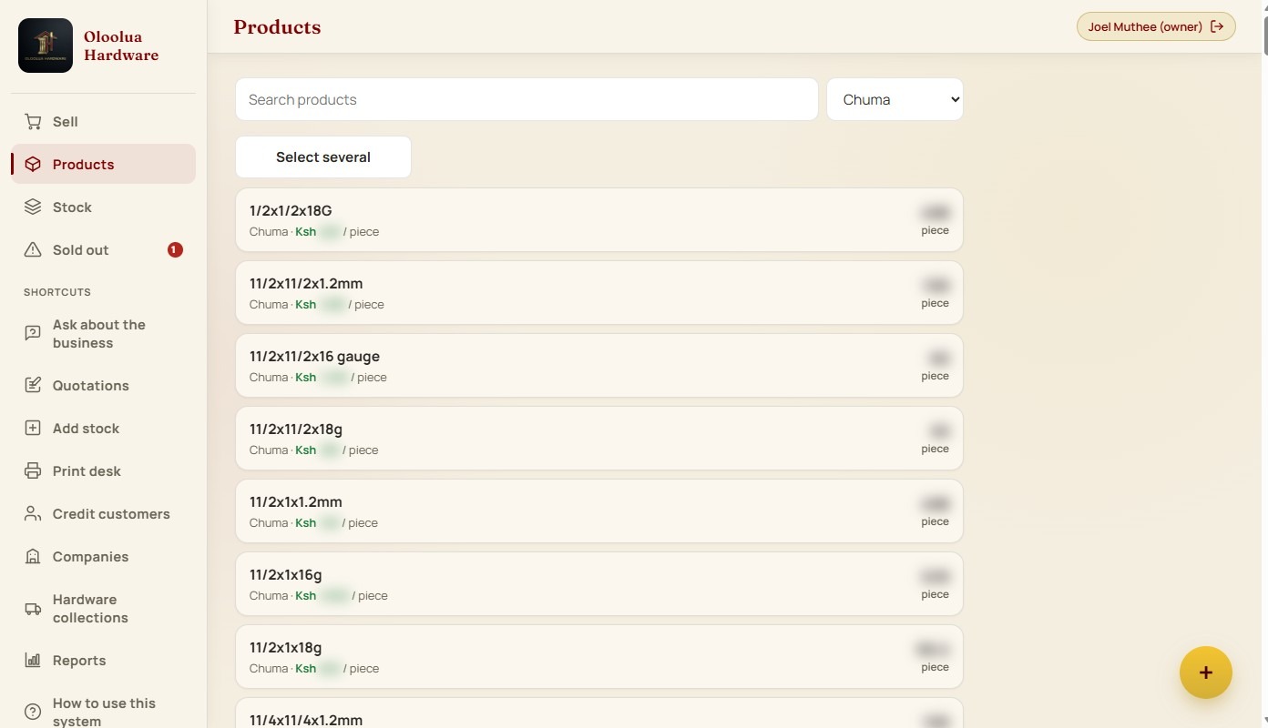 The product list in Hardware Manager: search, department, price per unit and stock left for each item.