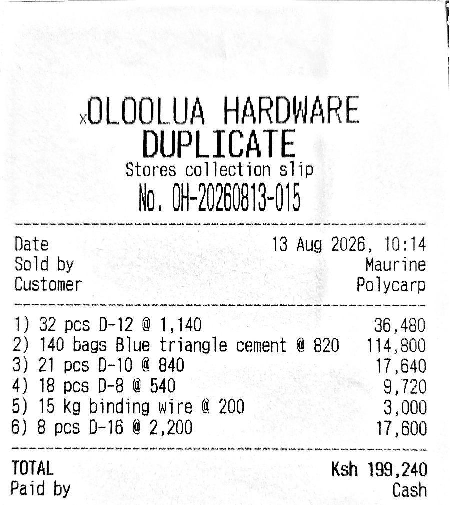 A printed stores collection slip from Oloolua Hardware, marked DUPLICATE, showing the receipt number, date, who sold it, the customer, six item lines with quantities and prices, and the total.