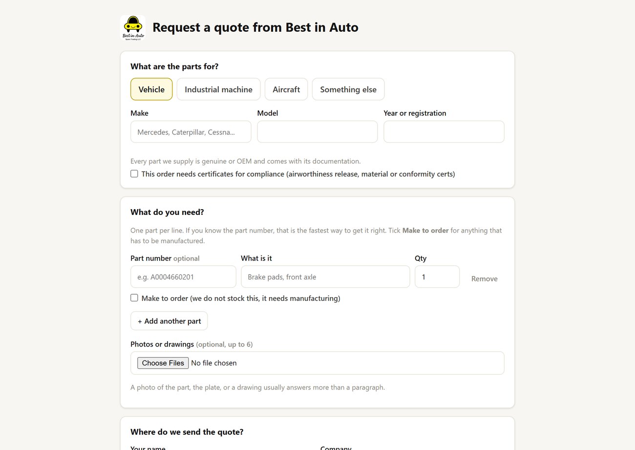 A quote request form on a parts supplier's website: part categories, make and model, part numbers with quantities and a photo upload.
