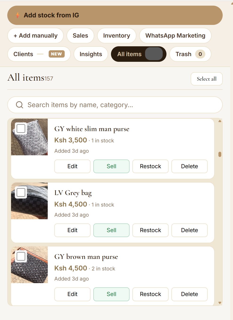 All items screen