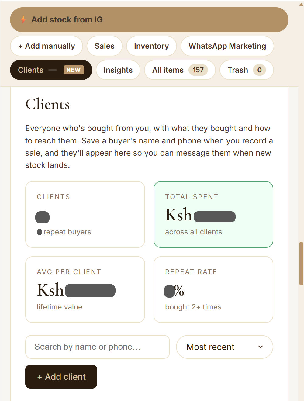 Clients screen