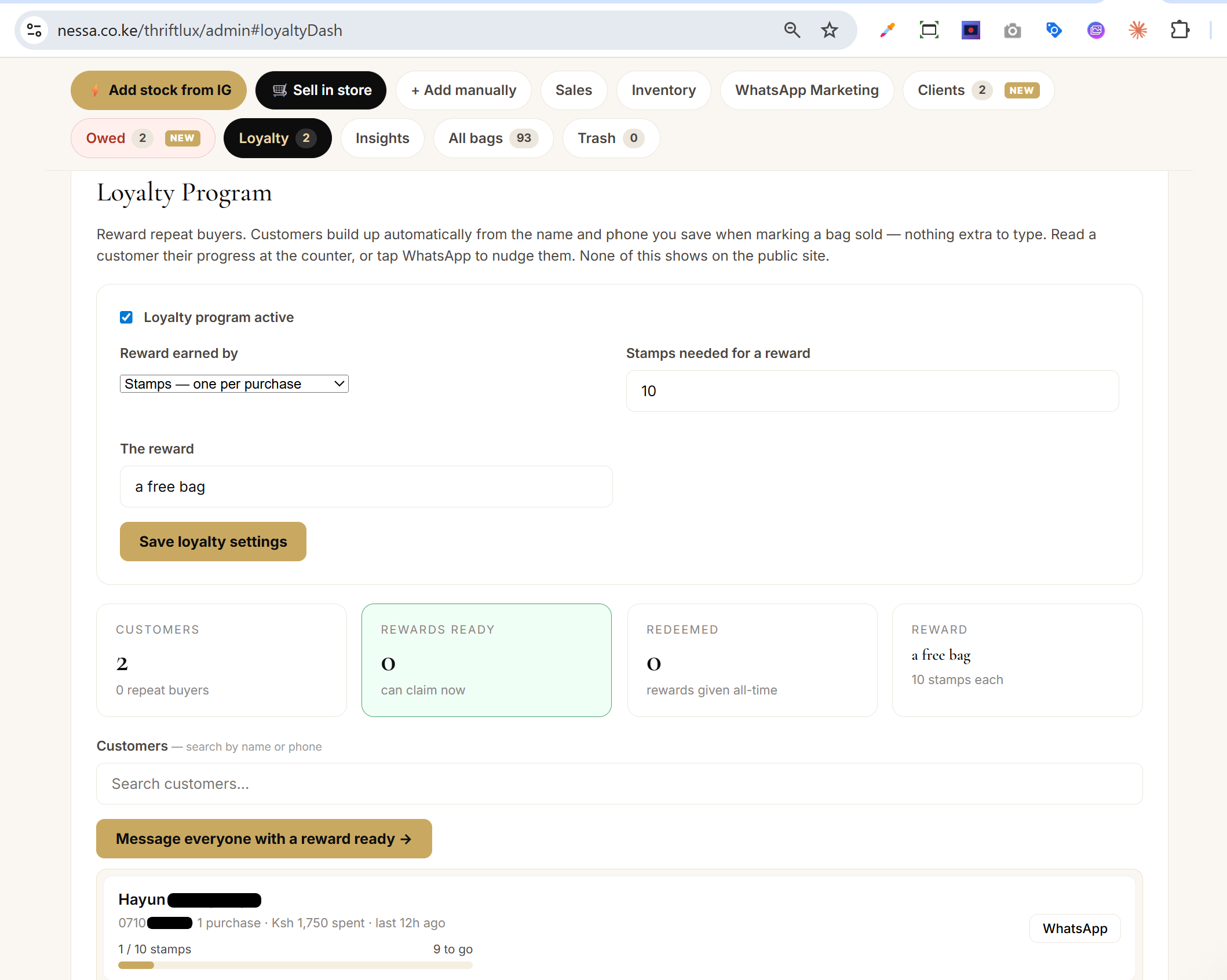 Loyalty program screen