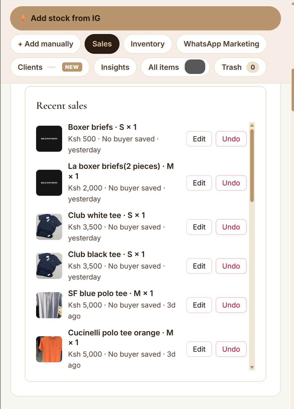 Recent sales screen