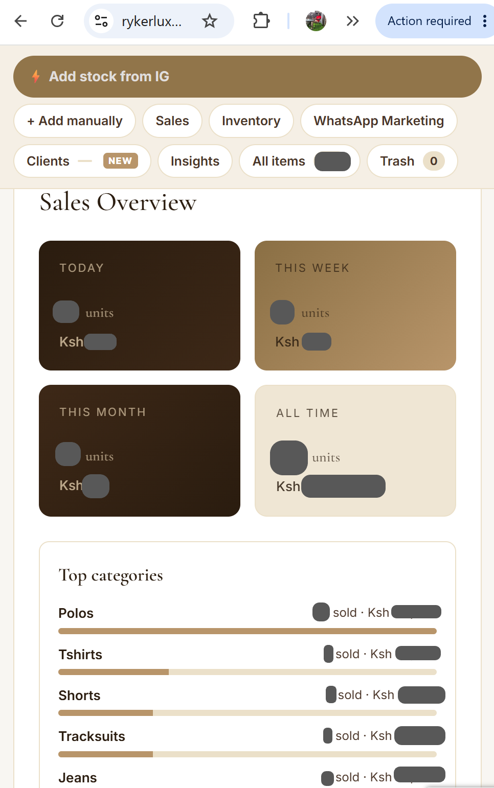 Shop Manager dashboard showing today, this week and all-time takings