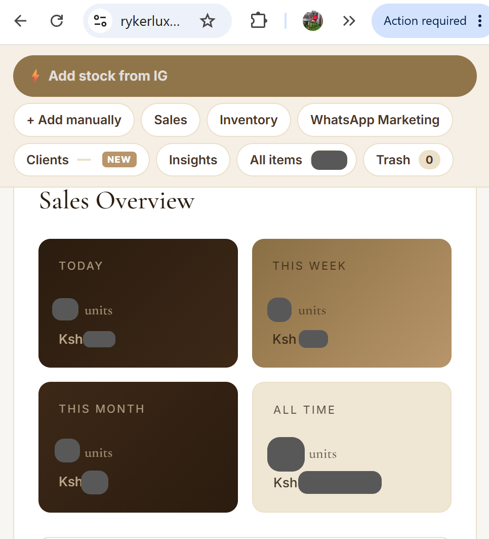 The shop's Sales Overview screen, recorded at the counter while the owner was away