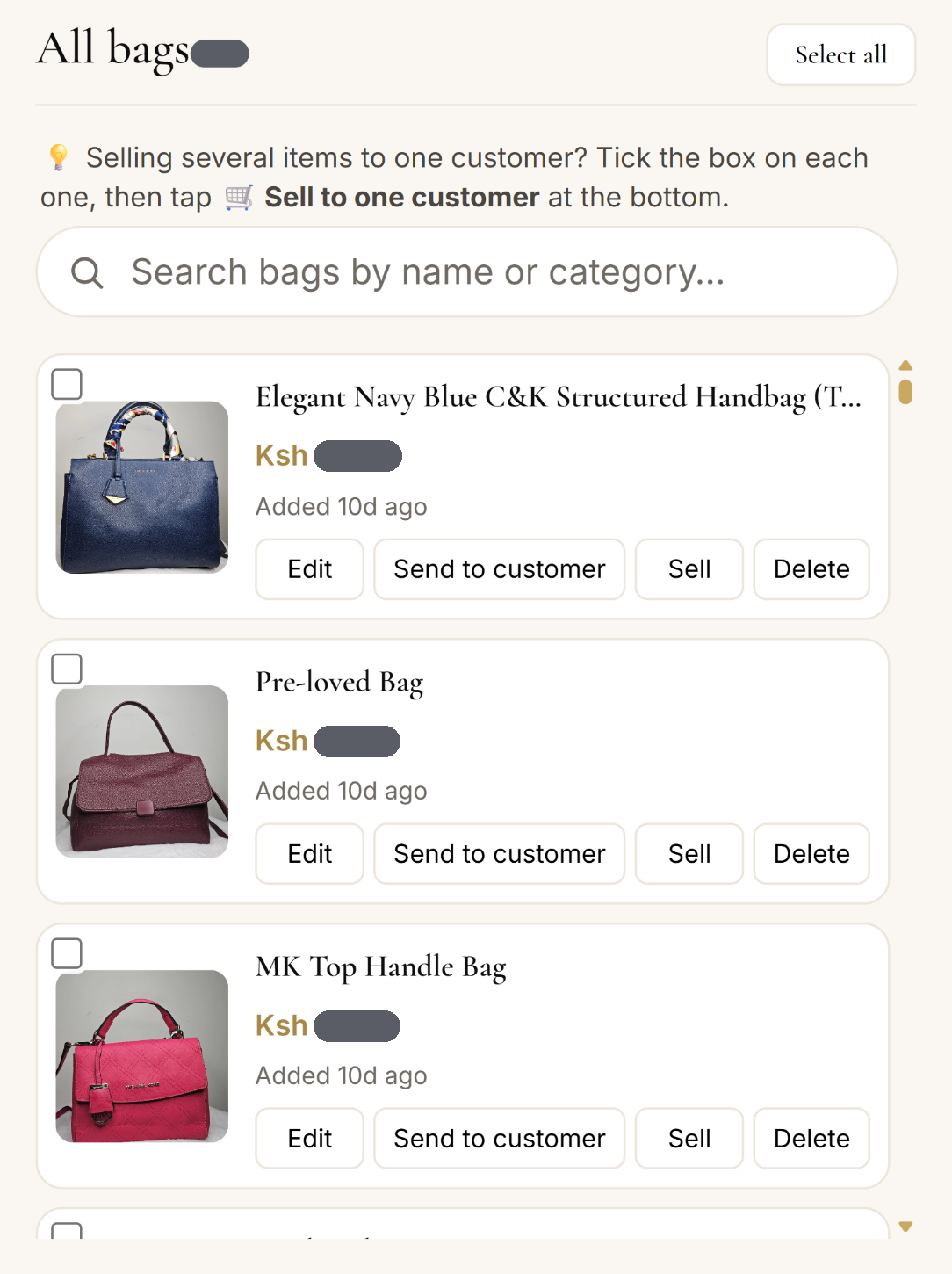 All items screen from ThriftLux's admin, listing bags with their prices