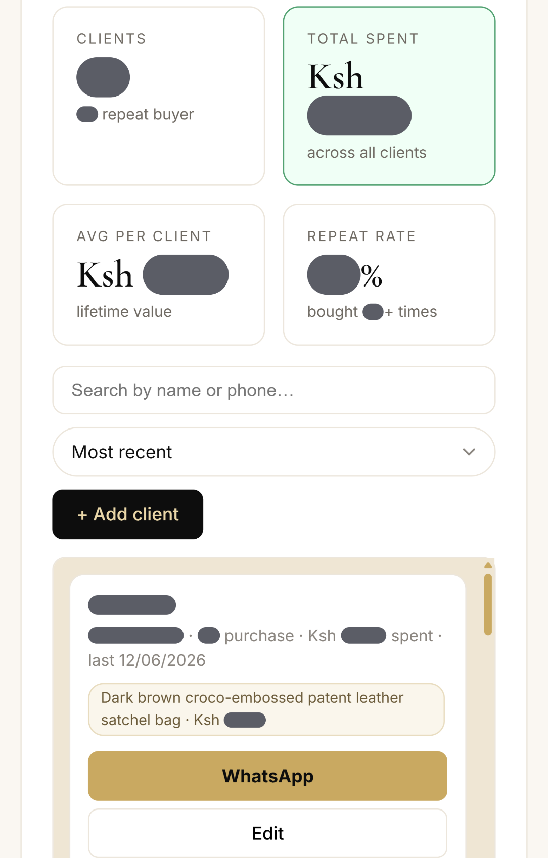 Clients screen from ThriftLux's admin, with buyer names, phone numbers and amounts hidden