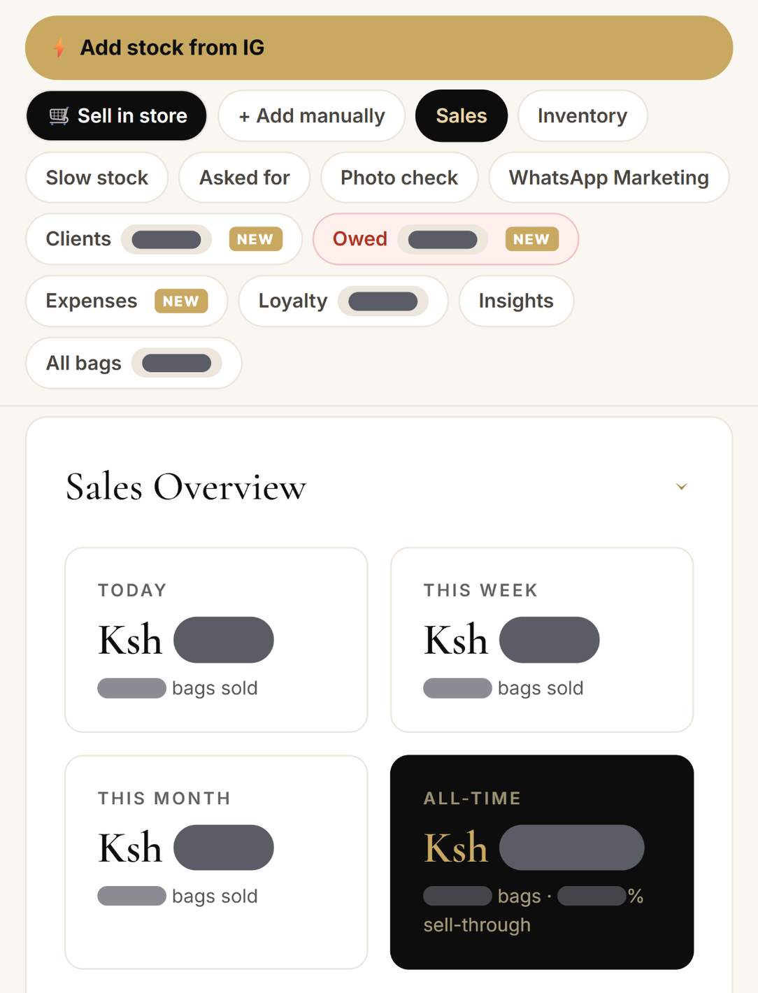 Shop Manager on a phone: the admin menu and the sales overview for today, this week, this month and all time, with the figures hidden