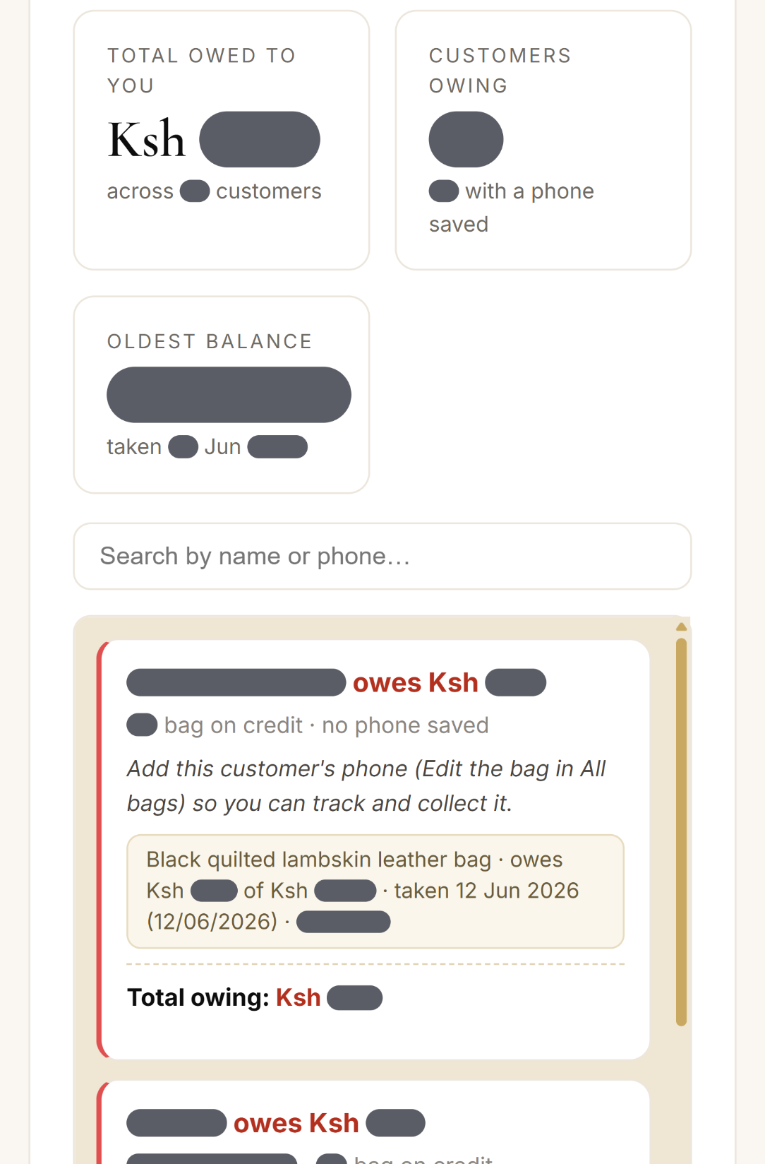 Money owed screen from ThriftLux's admin, with customer names and balances hidden