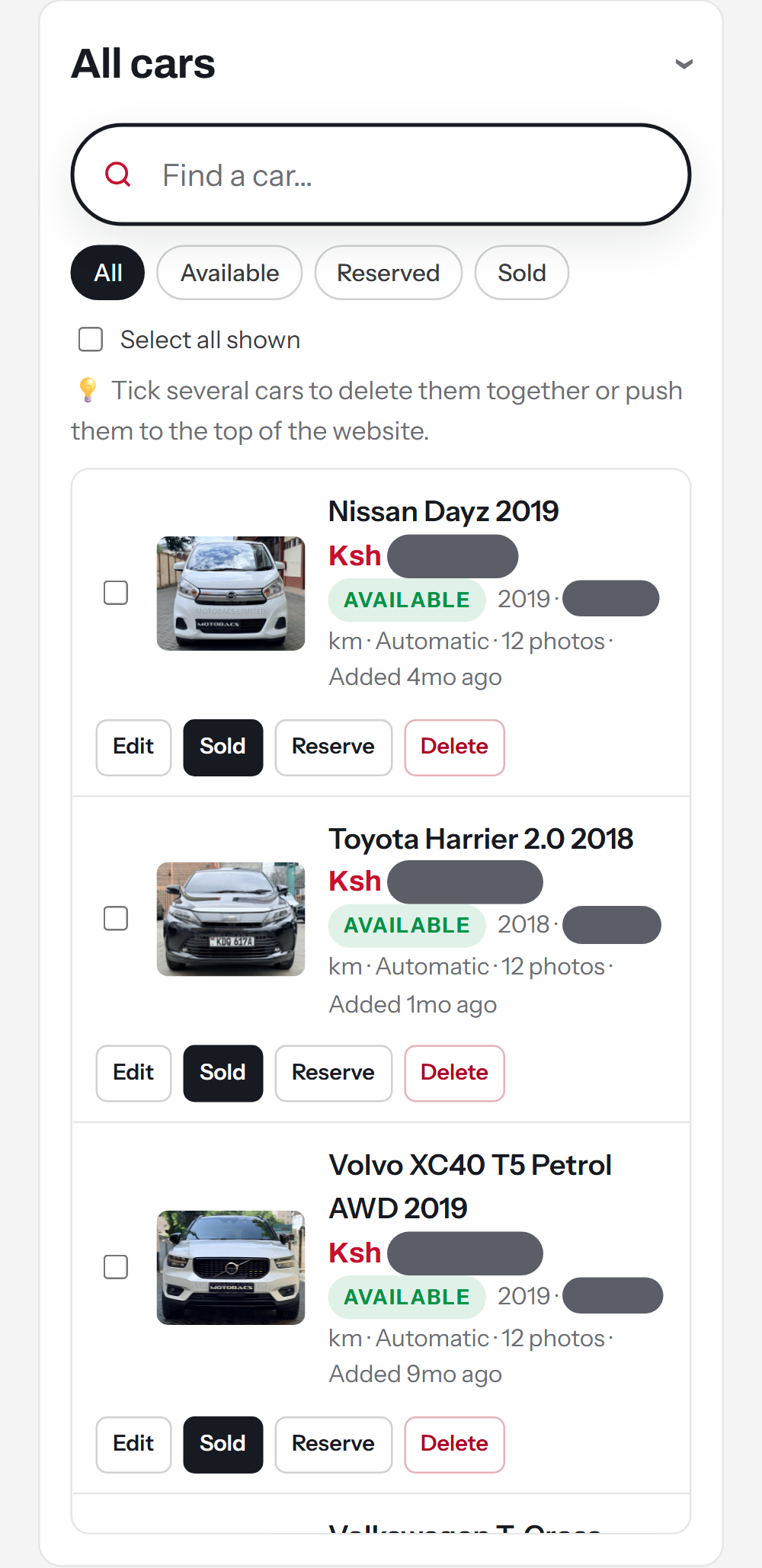 All cars screen
