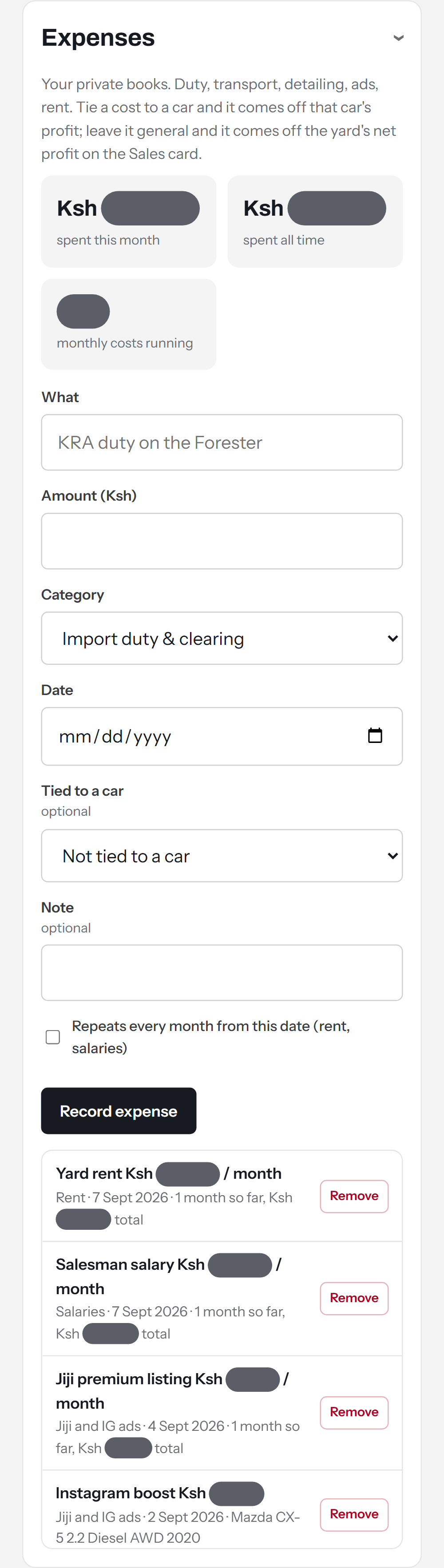 Expenses screen