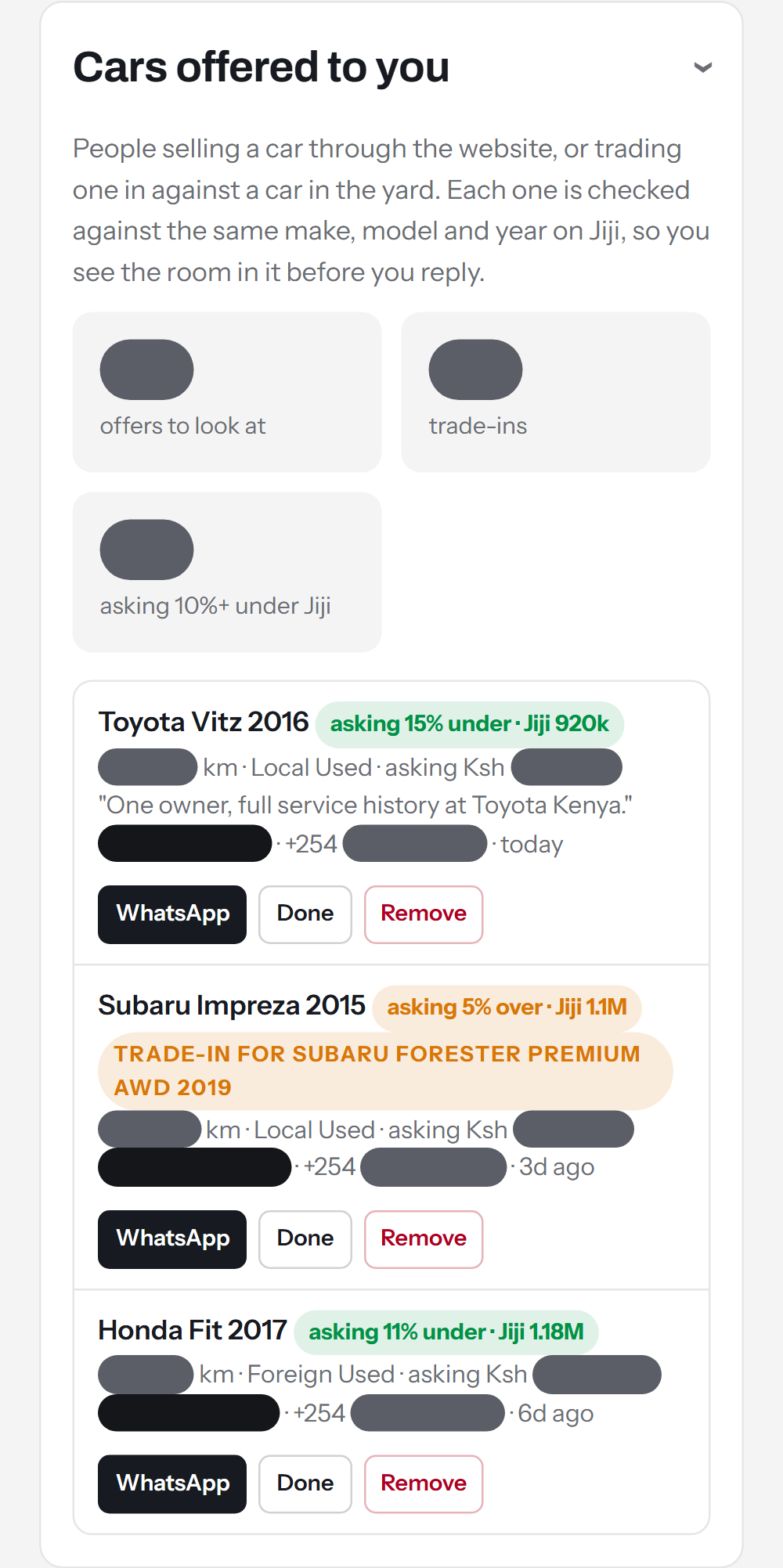 Cars offered to you screen