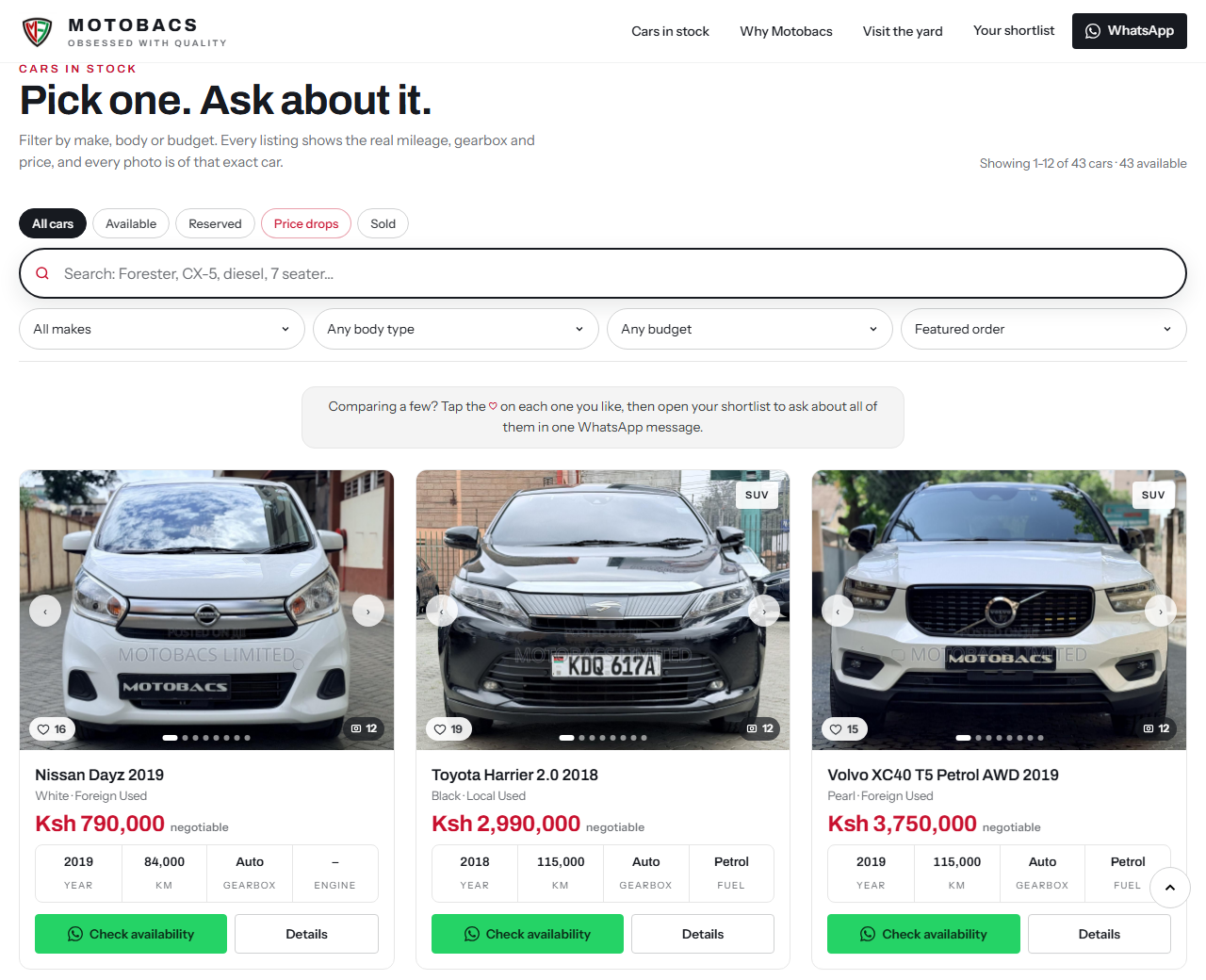 A live yard's website, with filters for availability, make, body type and budget, that buyers browse and enquire from on WhatsApp